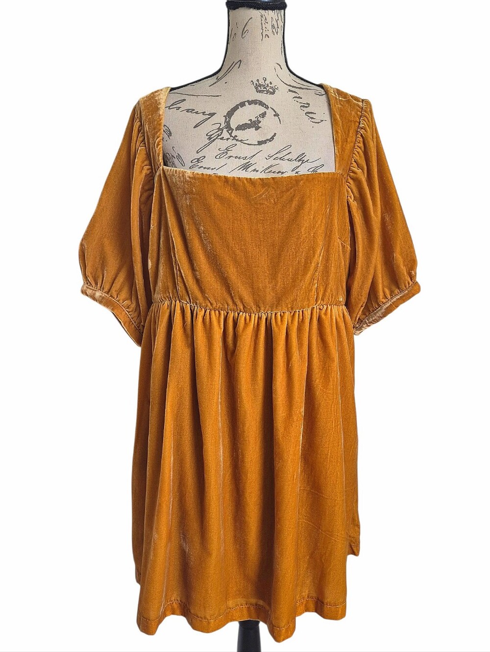 ModCloth Gold Velvet Babydoll Dress Square Neck Puff Sleeve 16 Retro Event